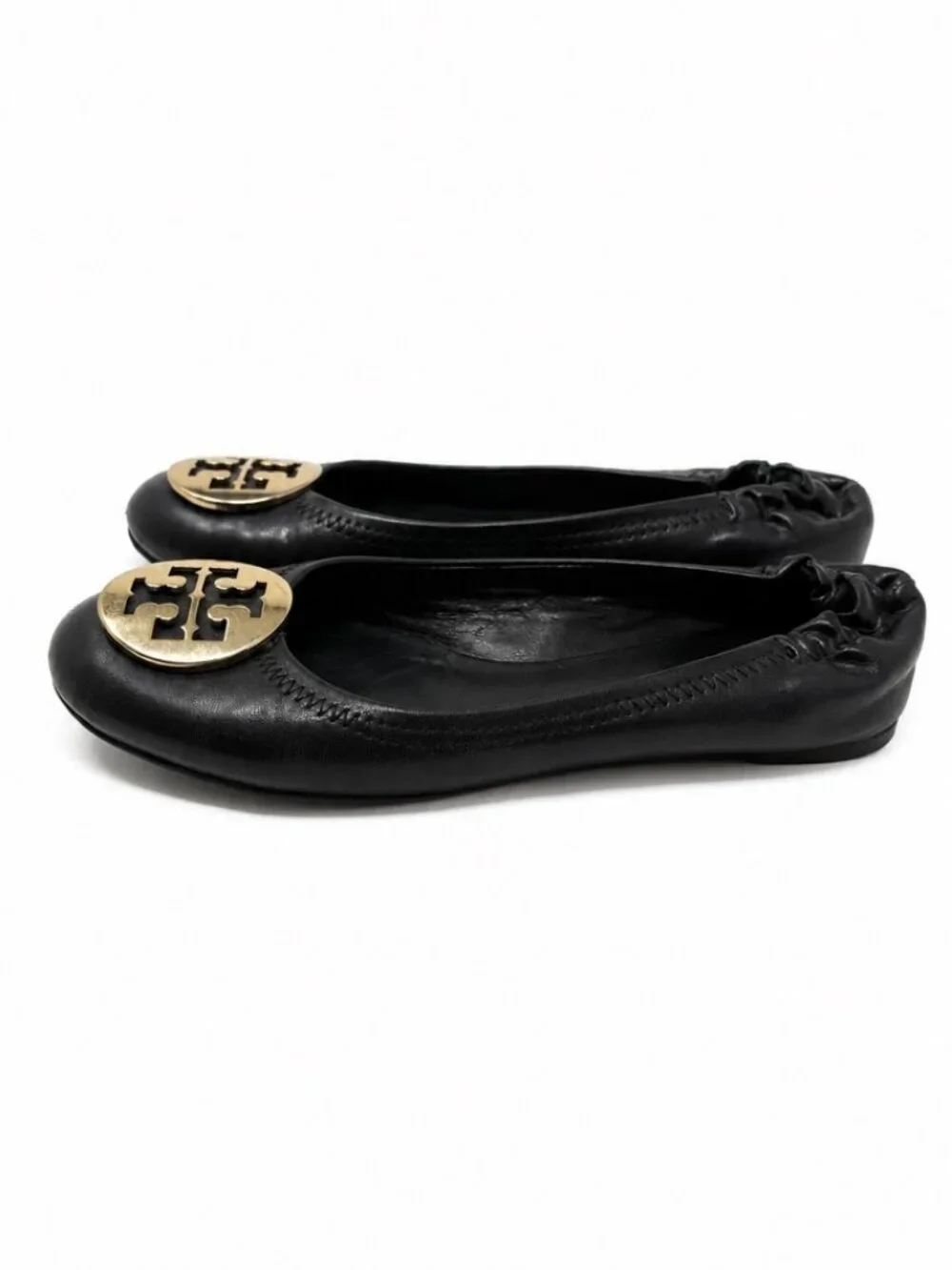Tory Burch Reva Ballet Flats Black Leather Gold Logo Slip On Shoes Women's 7.5